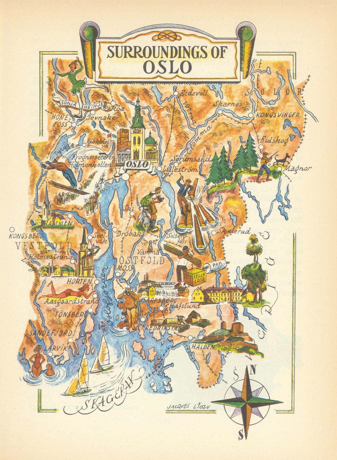 Surroundings of Oslo small pictorial map by Jacques Liozu. Norway 1952 old